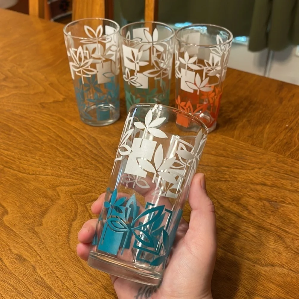 Vintage MCM Highball Tiki Juice Glass Set Peanut Butter Tiki Floral Barware Set